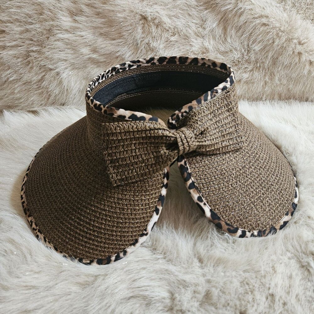 Alexis Bendel Wide Brim Sun Visor Hat Brown Leopard Trim Bow One Size